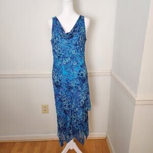 Vtg Y2K Bella Blue Dress Sz 8 Womens Midi CowlNeck Bead Fairy Floral WhimsiGoth